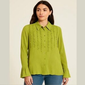 C.C.C. Women's Large Button-Front Blouse Green Long Sleeve